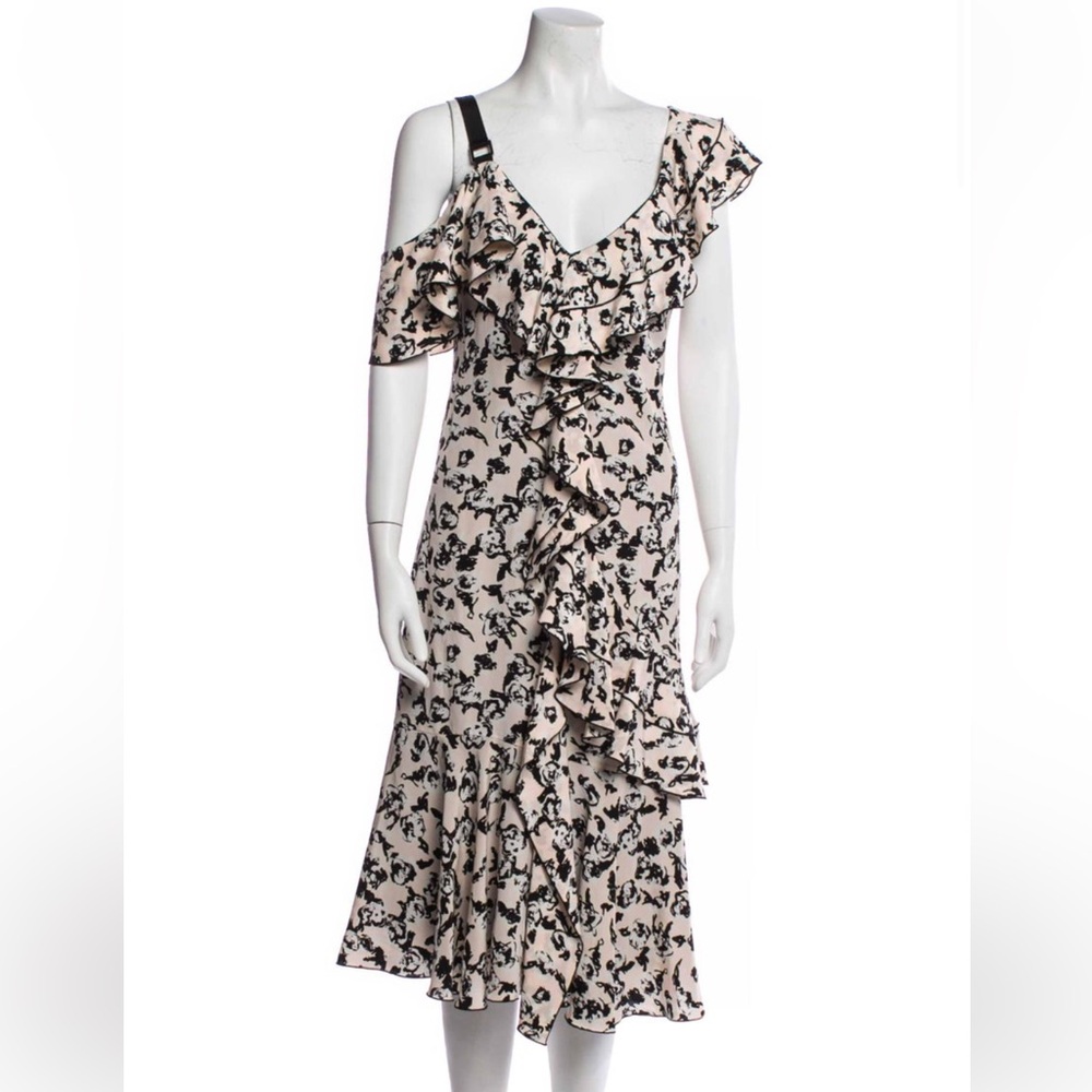 Proenza Schouler Scribble Rose Ruffle Black and Cream Midi Dress